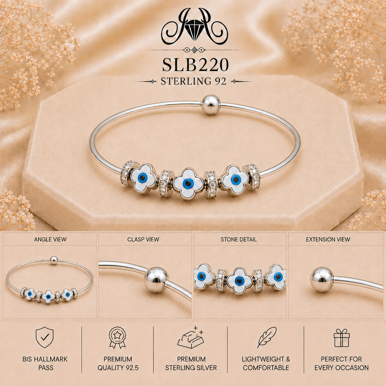 SLB220 sterling silver ladies kada bracelet collage views