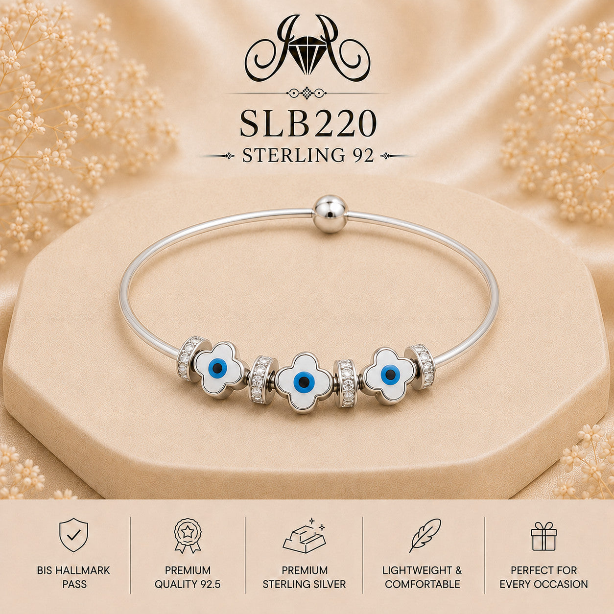 SLB220 sterling silver ladies kada bracelet portrait view