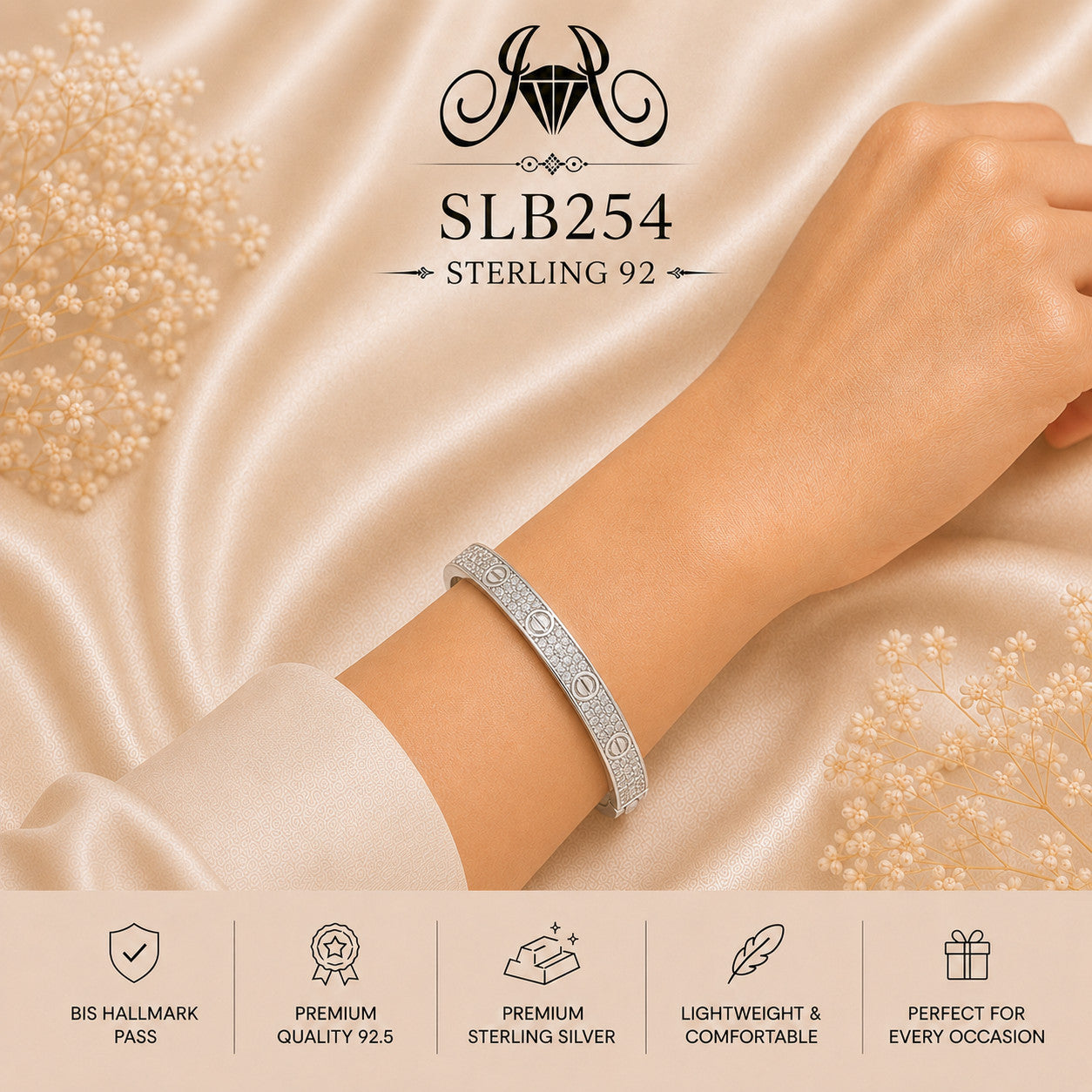 SLB254 sterling silver ladies kada bracelet wearing view