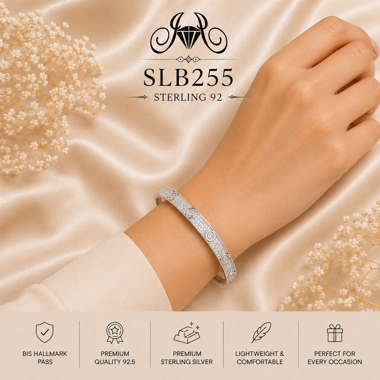 SLB255 sterling silver ladies kada bracelet wearing view