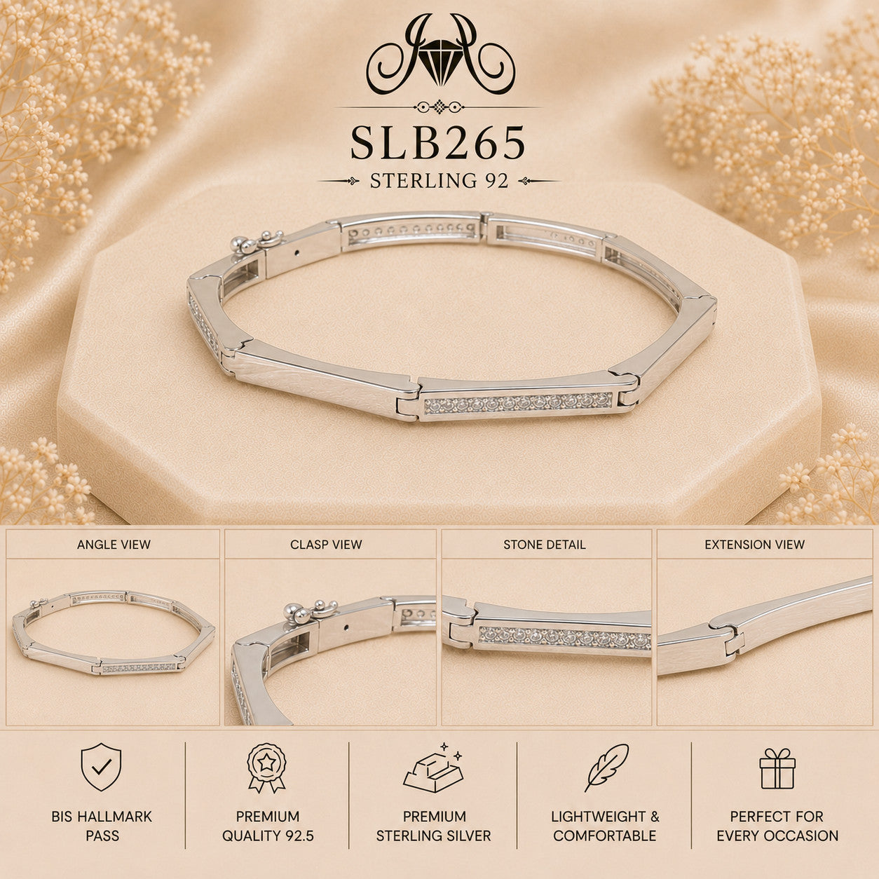 SLB265 sterling silver ladies kada bracelet collage views