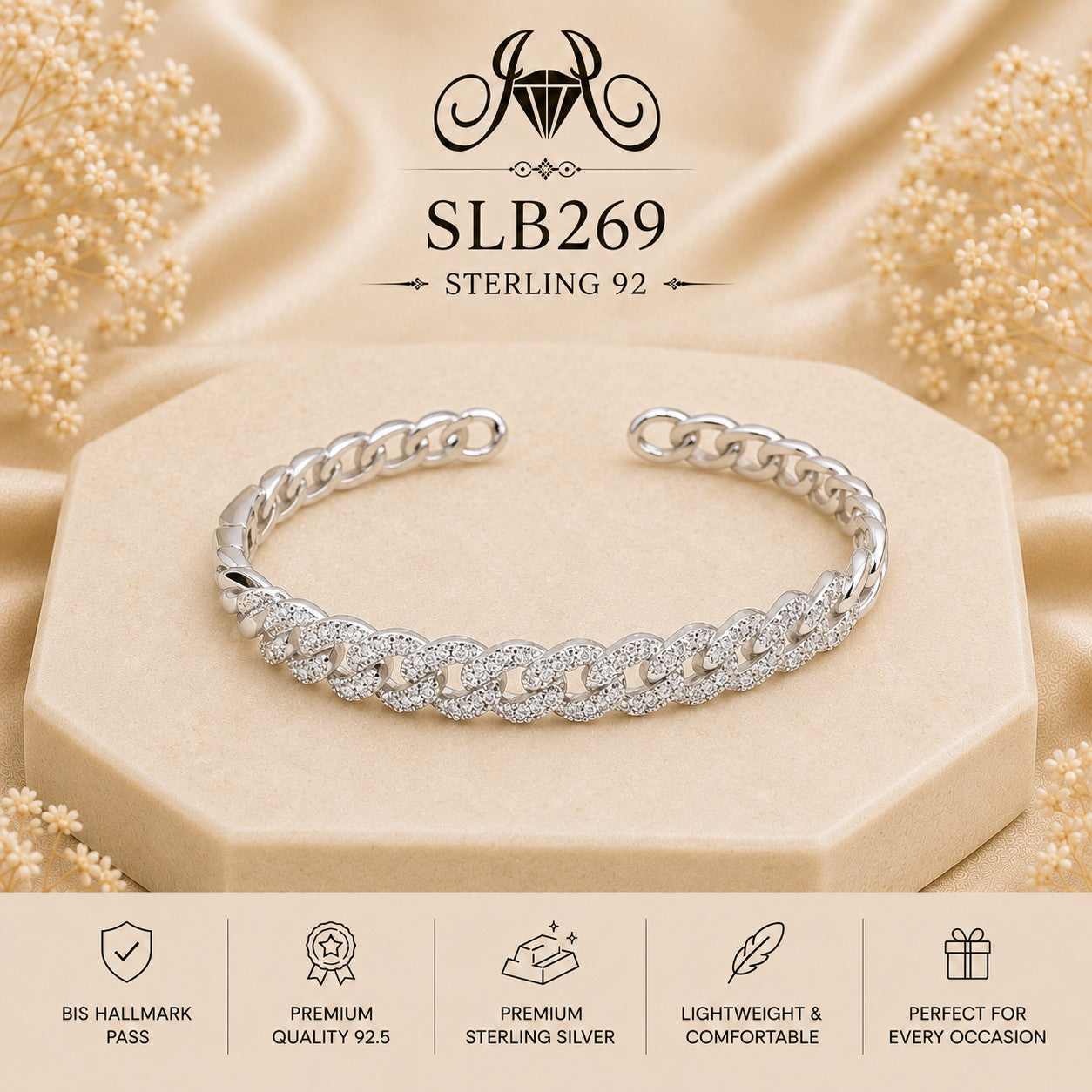 SLB269 sterling silver ladies kada bracelet portrait view