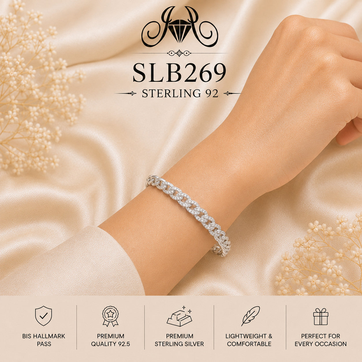 SLB269 sterling silver ladies kada bracelet wearing view