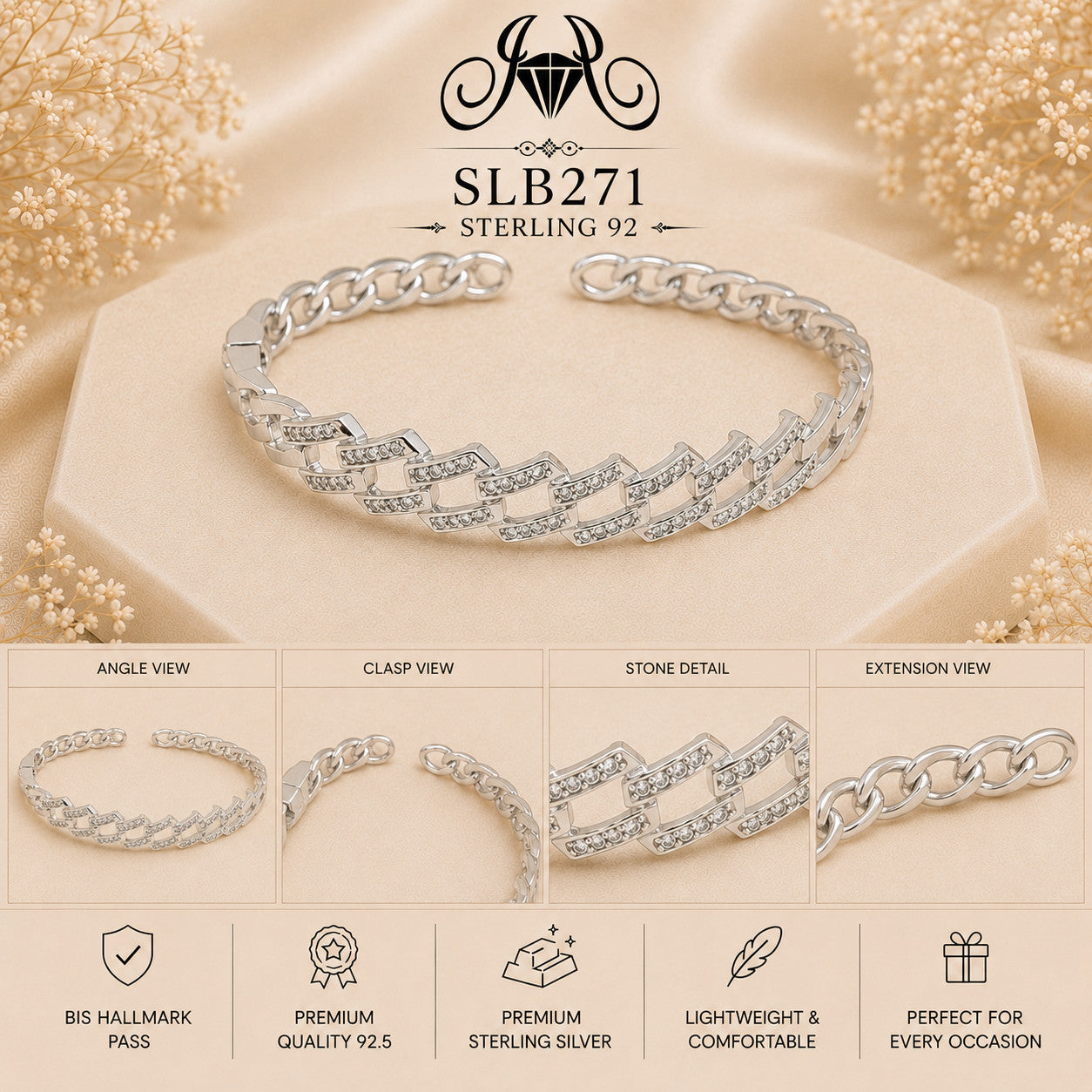 SLB271 sterling silver ladies kada bracelet collage views