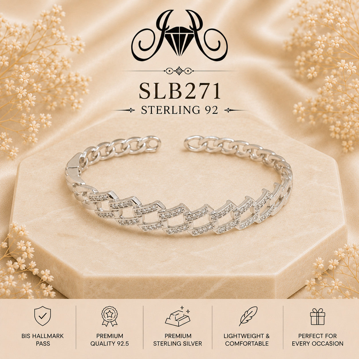 SLB271 sterling silver ladies kada bracelet portrait view