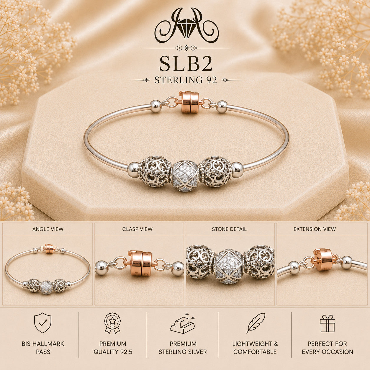 SLB2 sterling silver ladies kada bracelet detail views