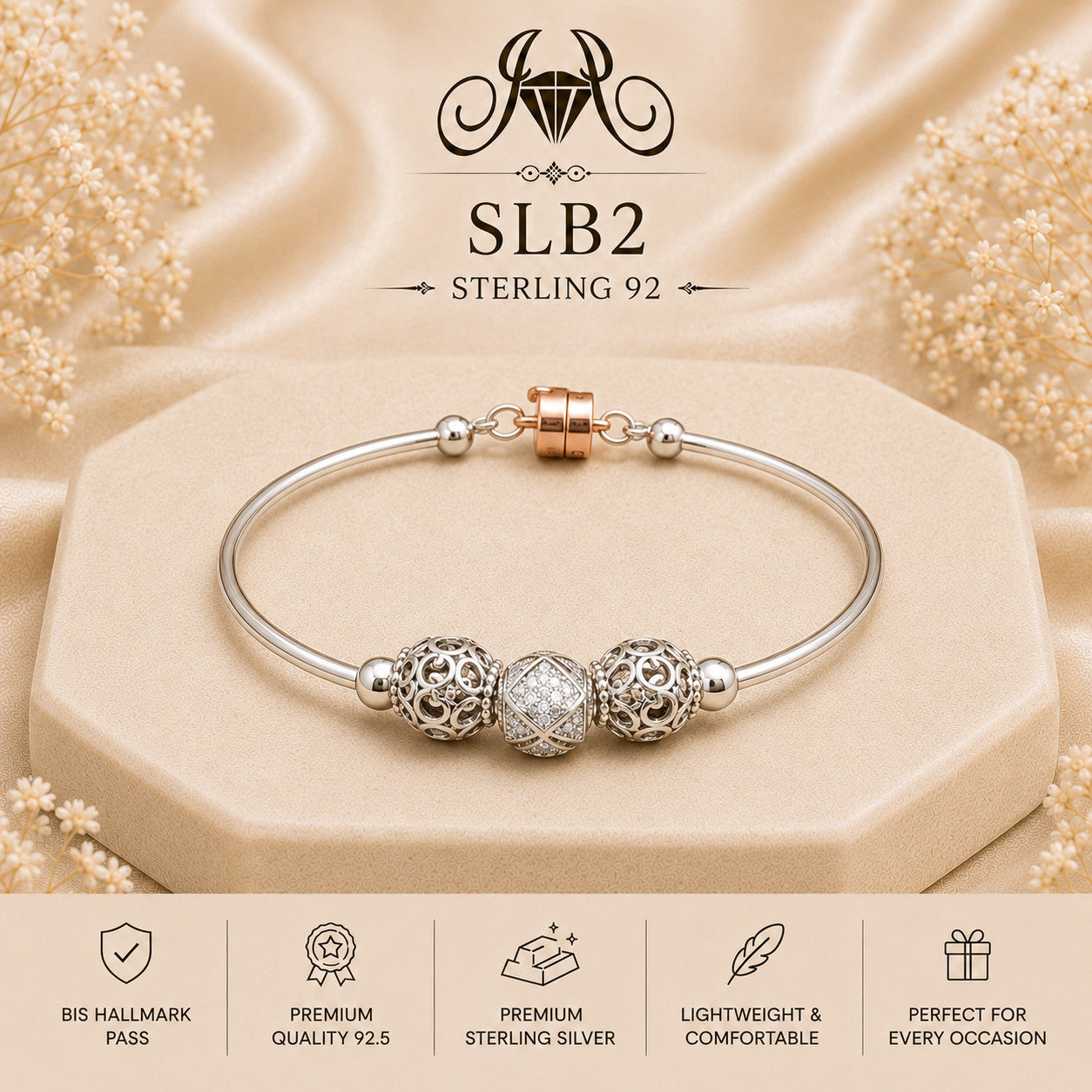 SLB2 sterling silver ladies kada bracelet portrait