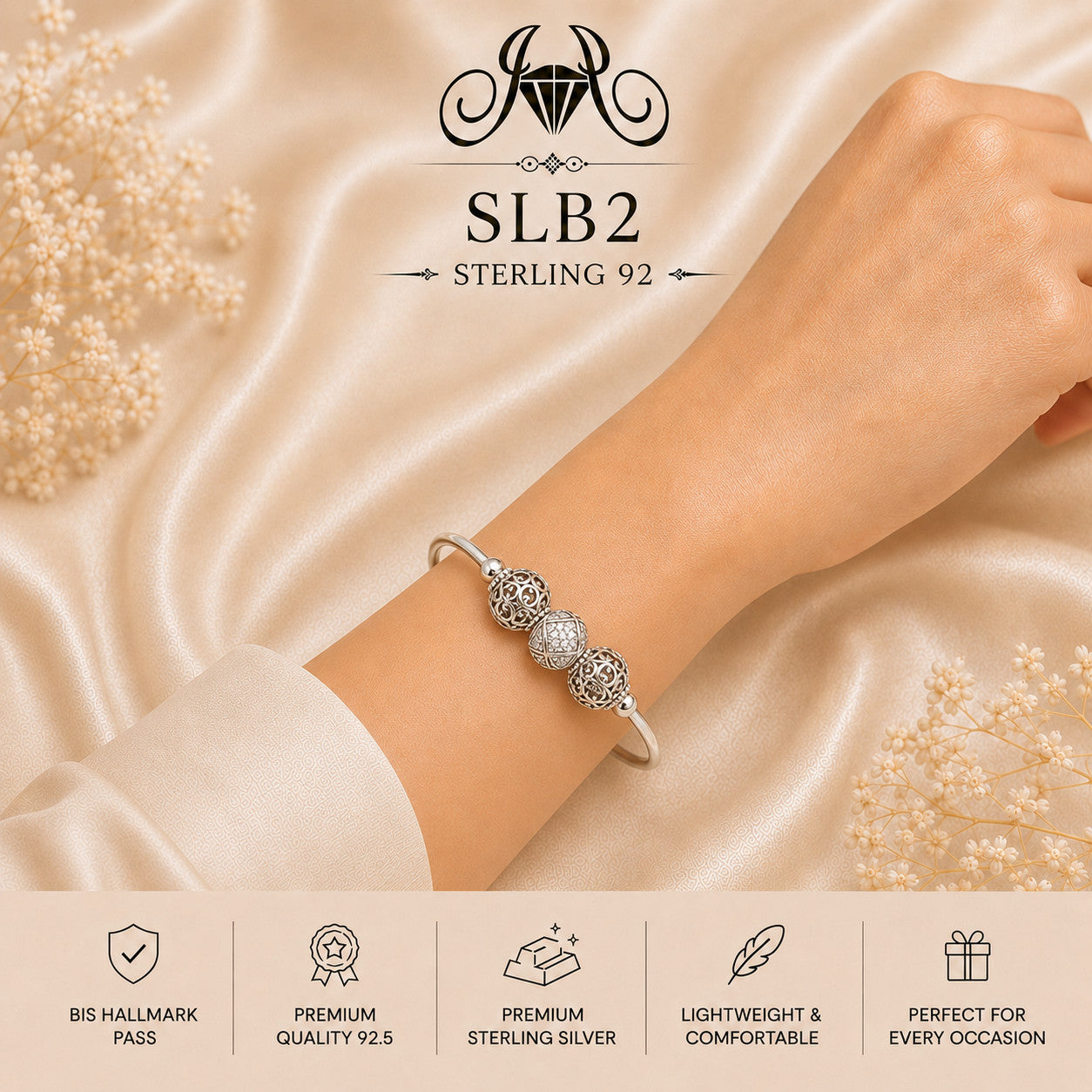 SLB2 sterling silver ladies kada bracelet wearing view
