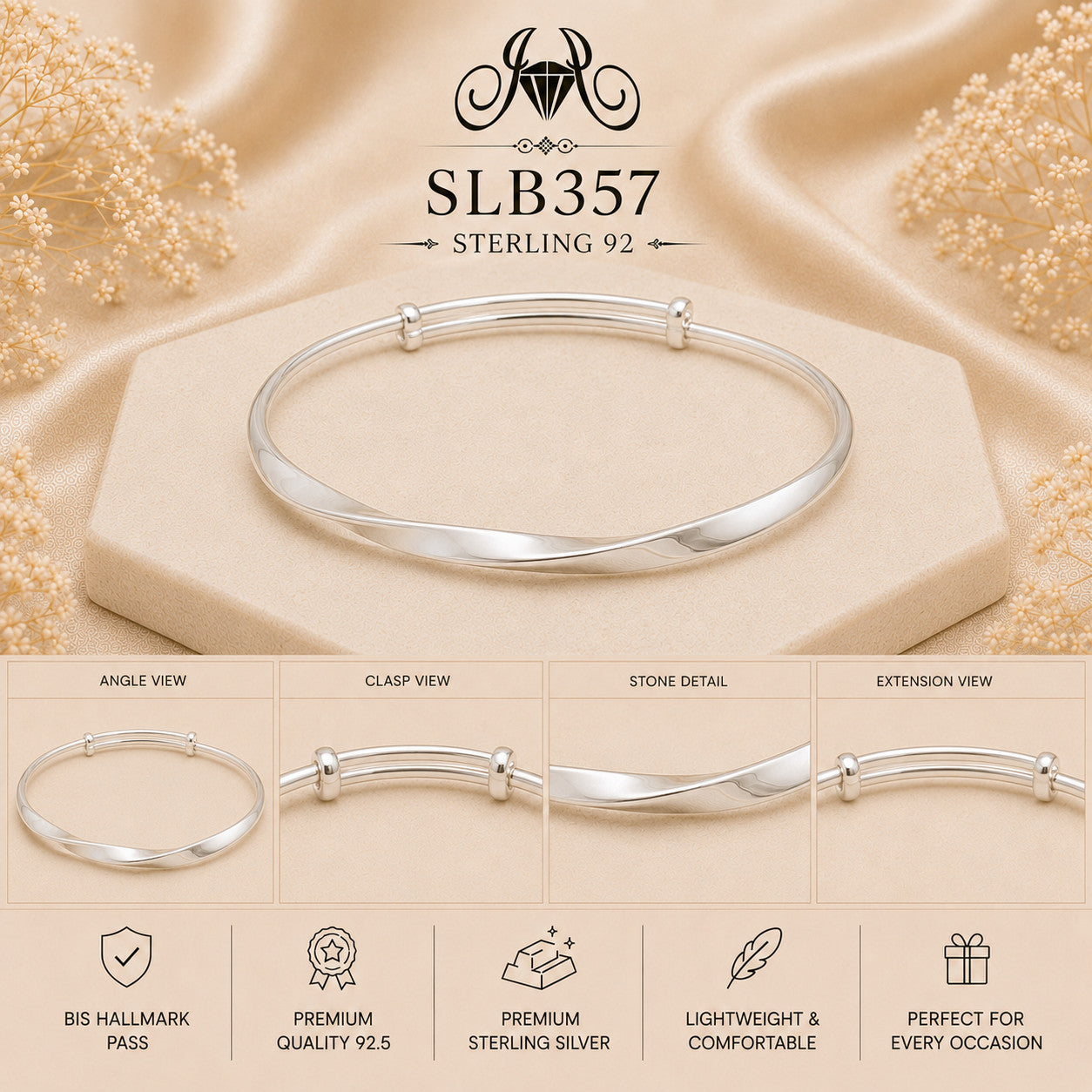 SLB357 sterling silver ladies kada bracelet collage views