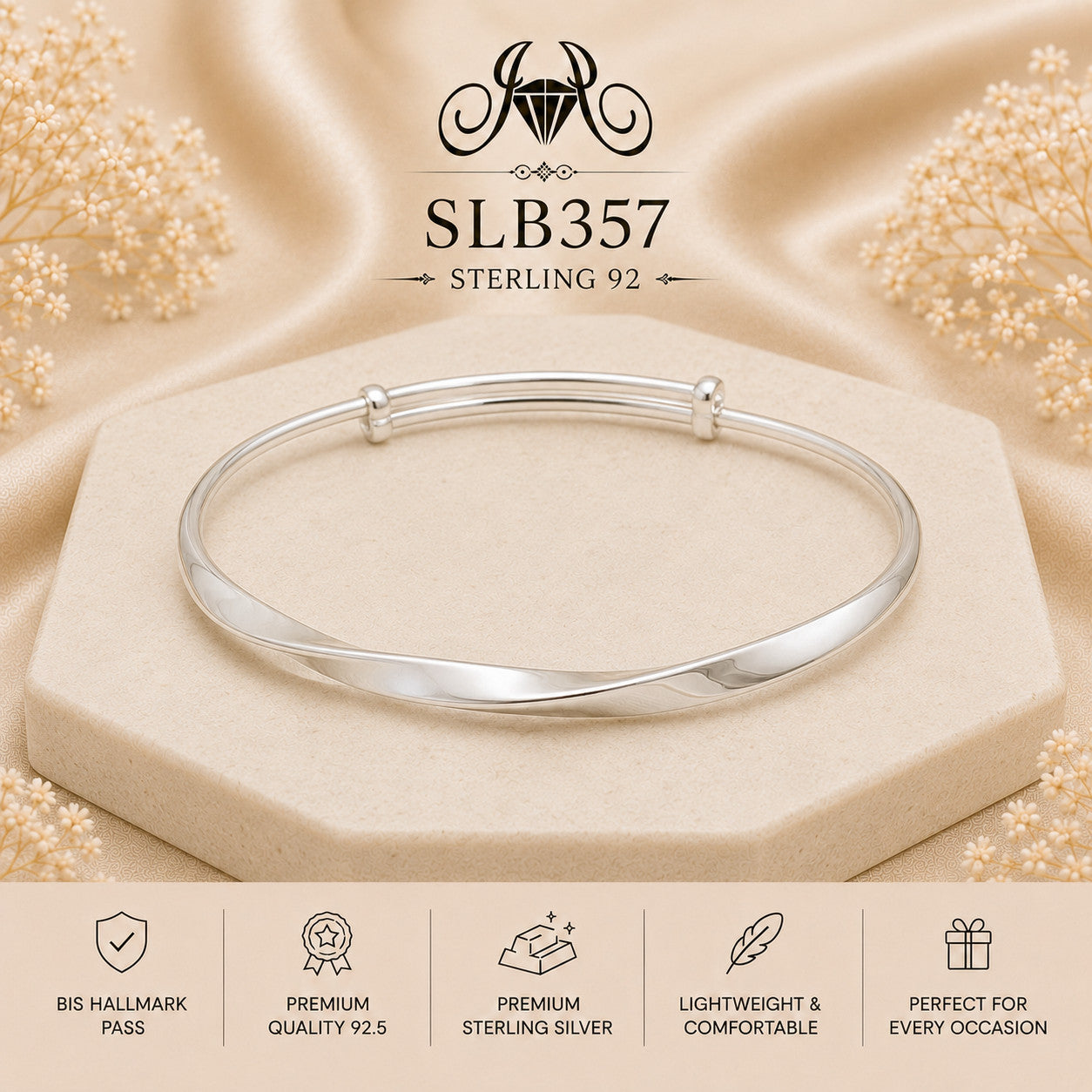 SLB357 sterling silver ladies kada bracelet portrait view