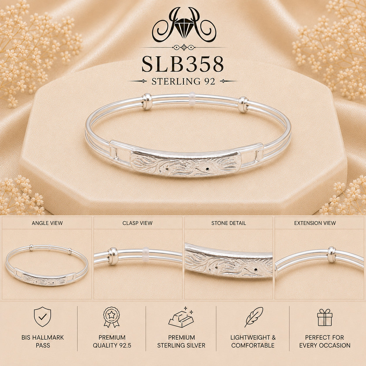 SLB358 sterling silver ladies kada bracelet collage views