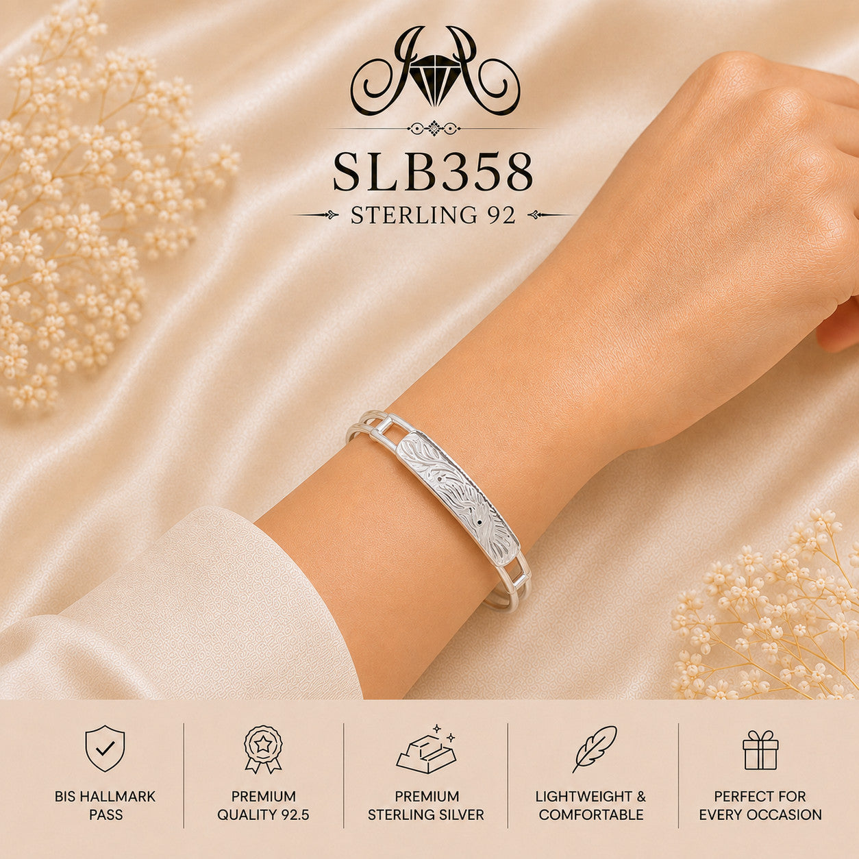 SLB358 sterling silver ladies kada bracelet wearing view