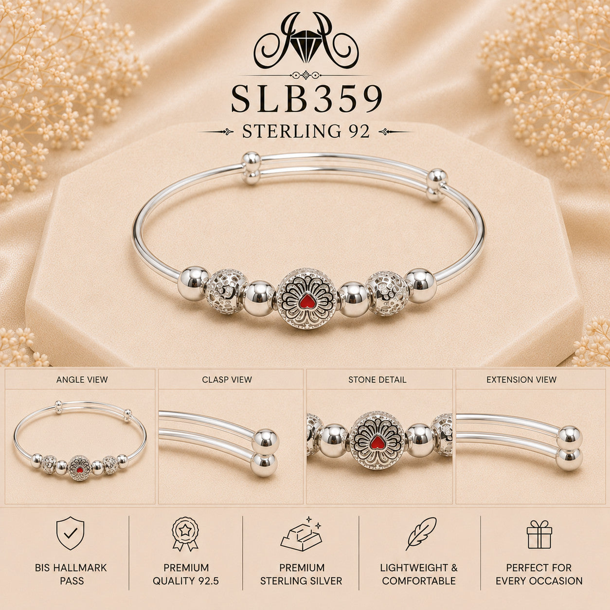 SLB359 sterling silver ladies kada bracelet collage views
