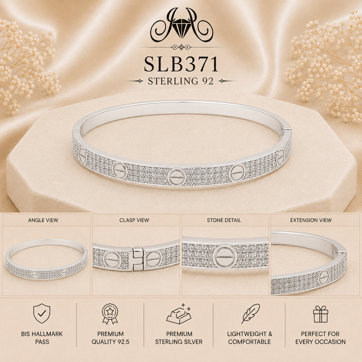 SLB371 sterling silver ladies kada bracelet collage views