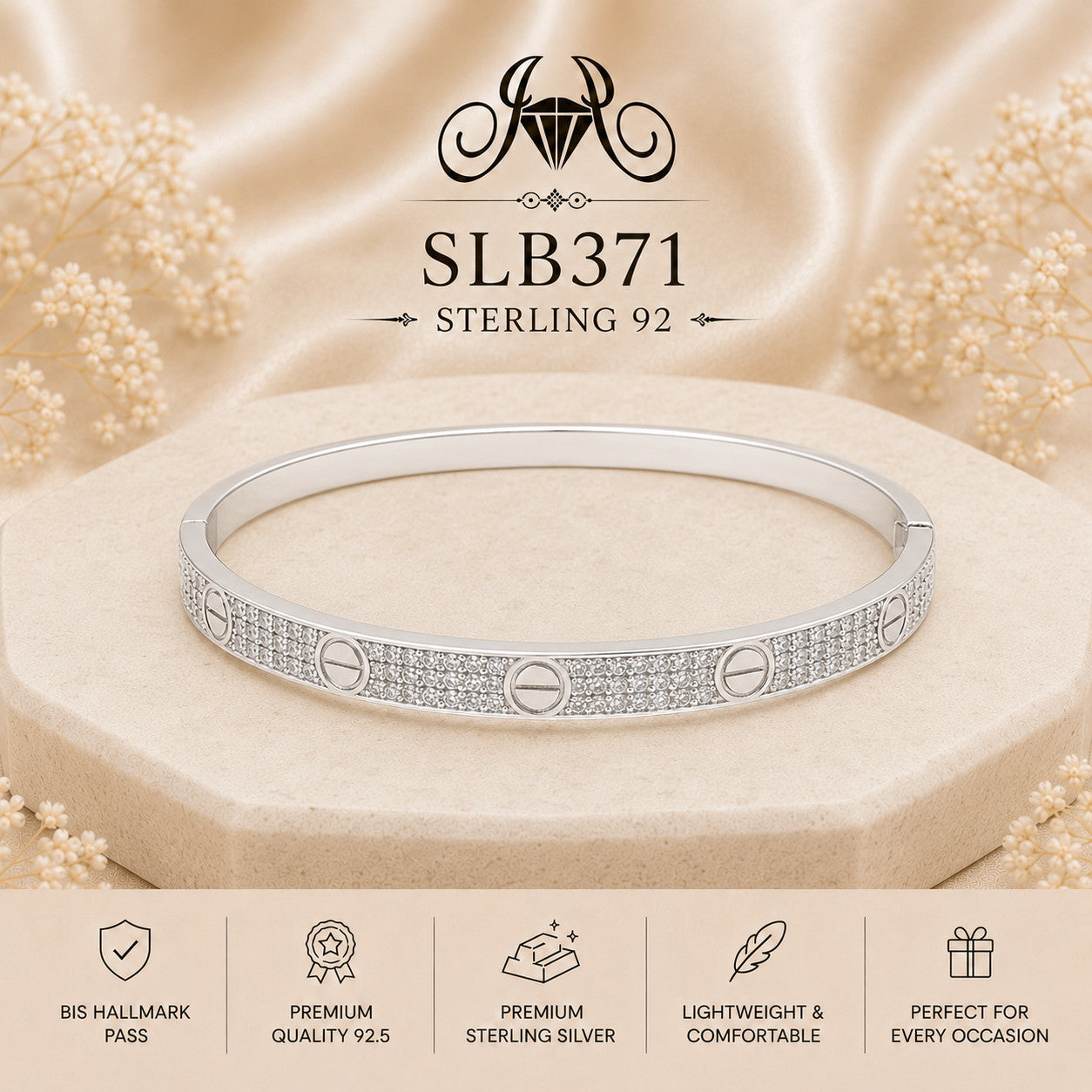 SLB371 sterling silver ladies kada bracelet portrait view