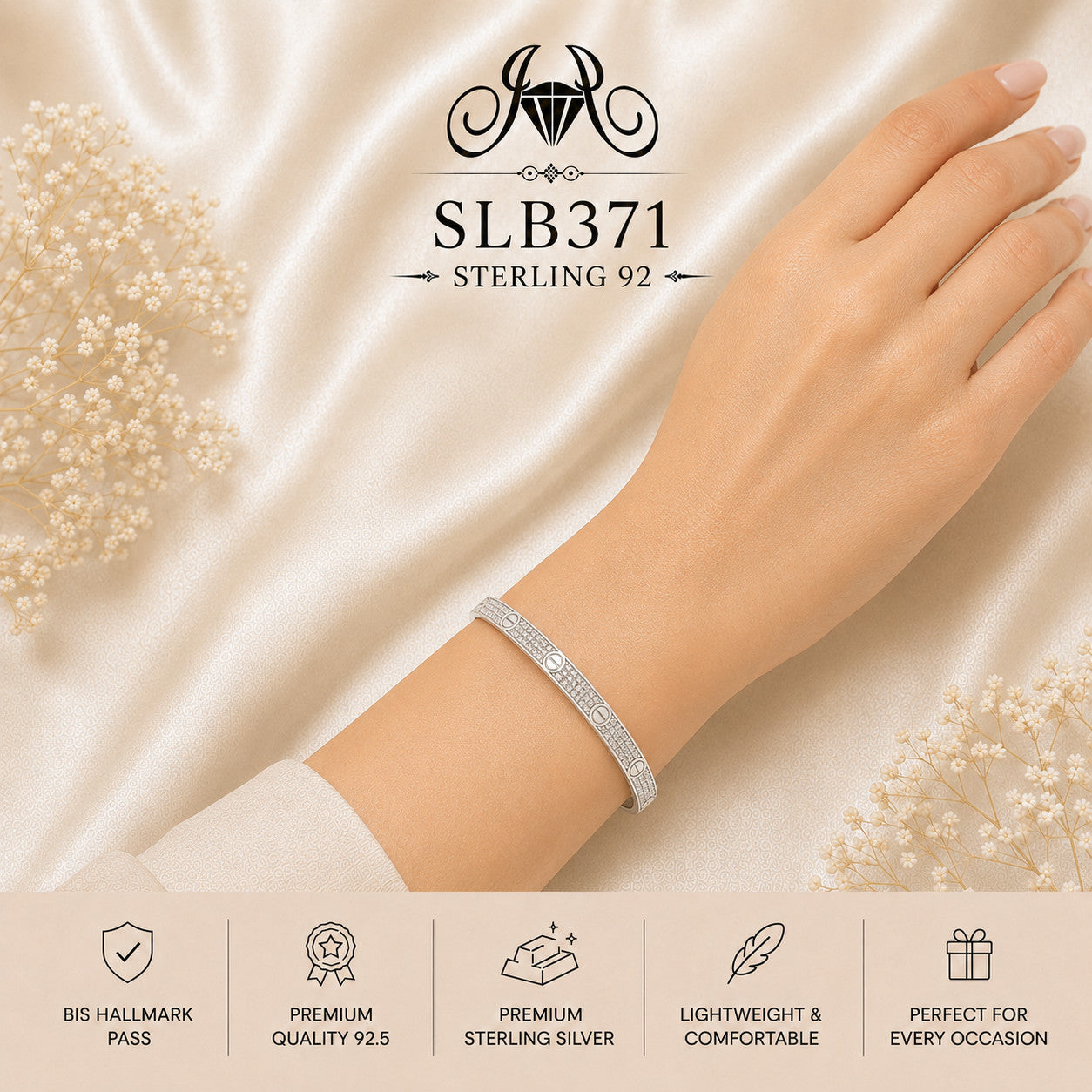 SLB371 sterling silver ladies kada bracelet wearing view