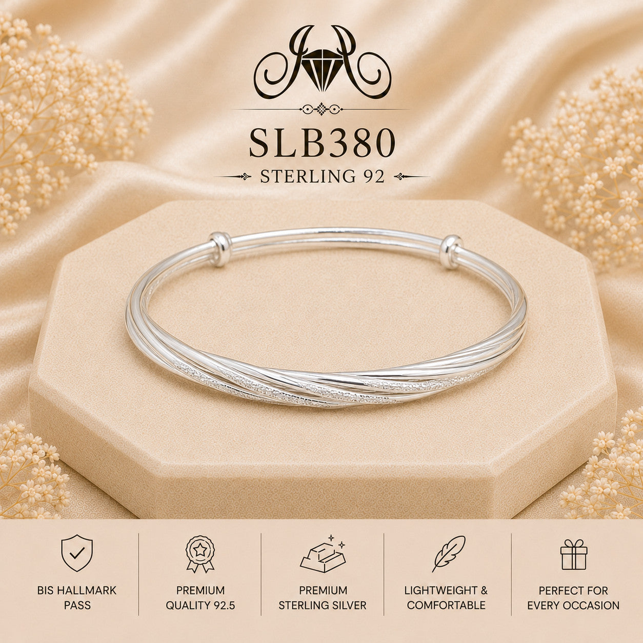 SLB380 sterling silver ladies kada bracelet portrait view