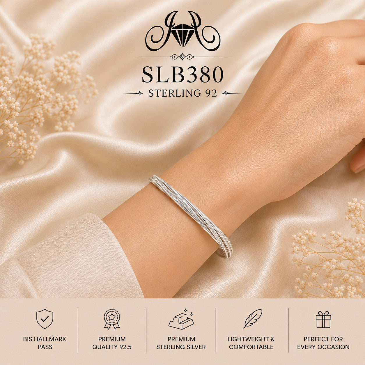 SLB380 sterling silver ladies kada bracelet wearing view