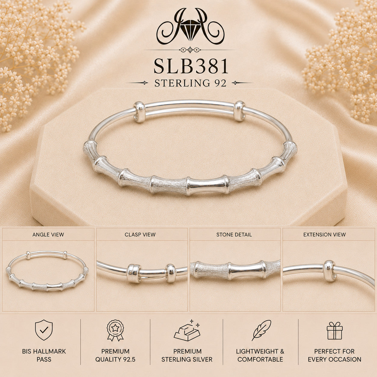 SLB381 sterling silver ladies kada bracelet collage views