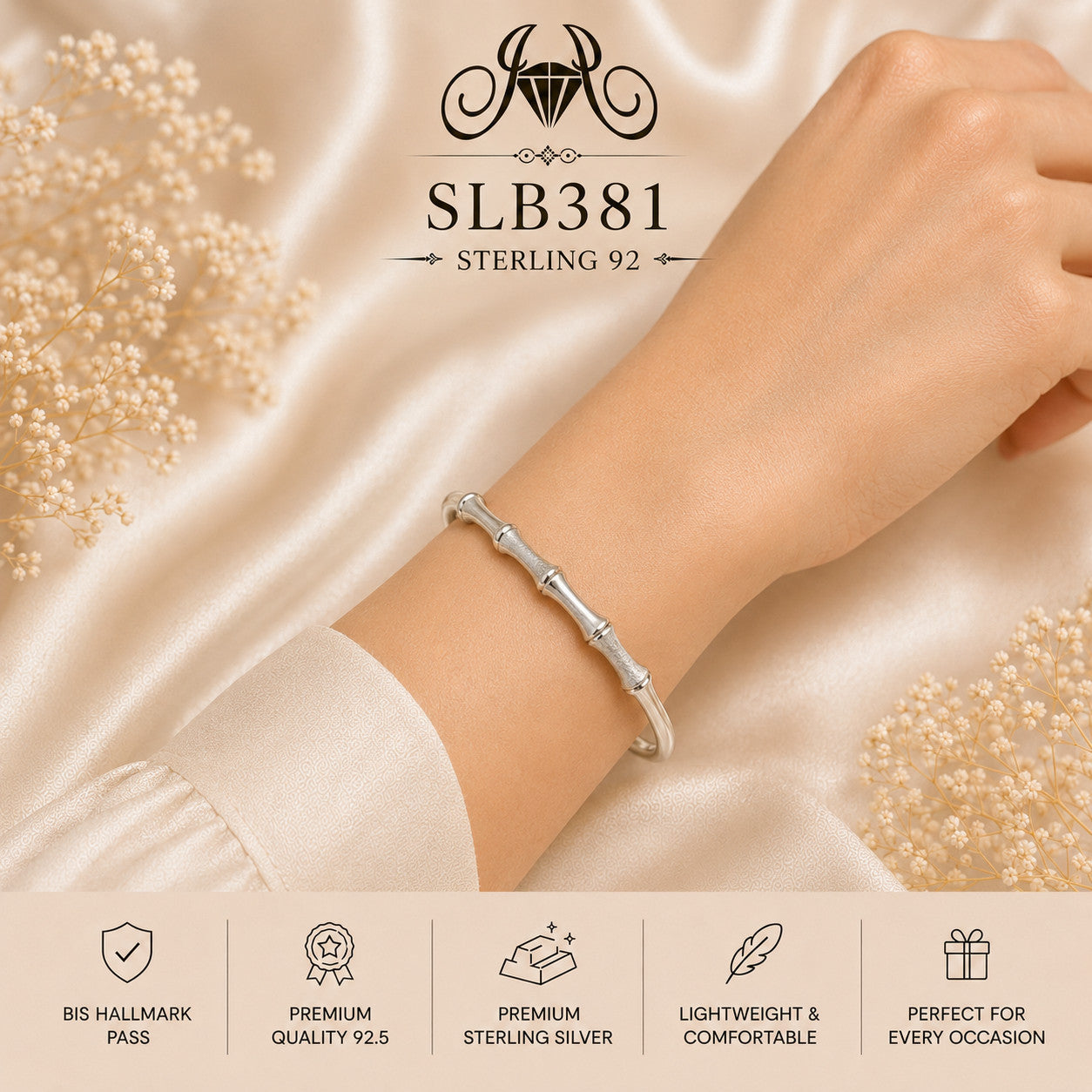 SLB381 sterling silver ladies kada bracelet wearing view