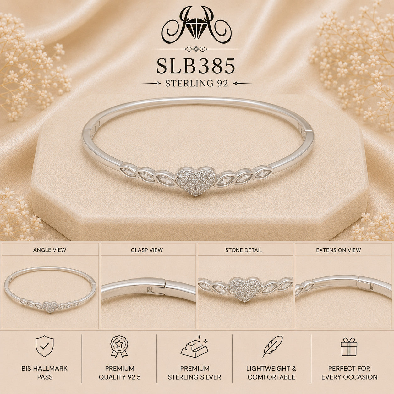 SLB385 sterling silver ladies kada bracelet collage views