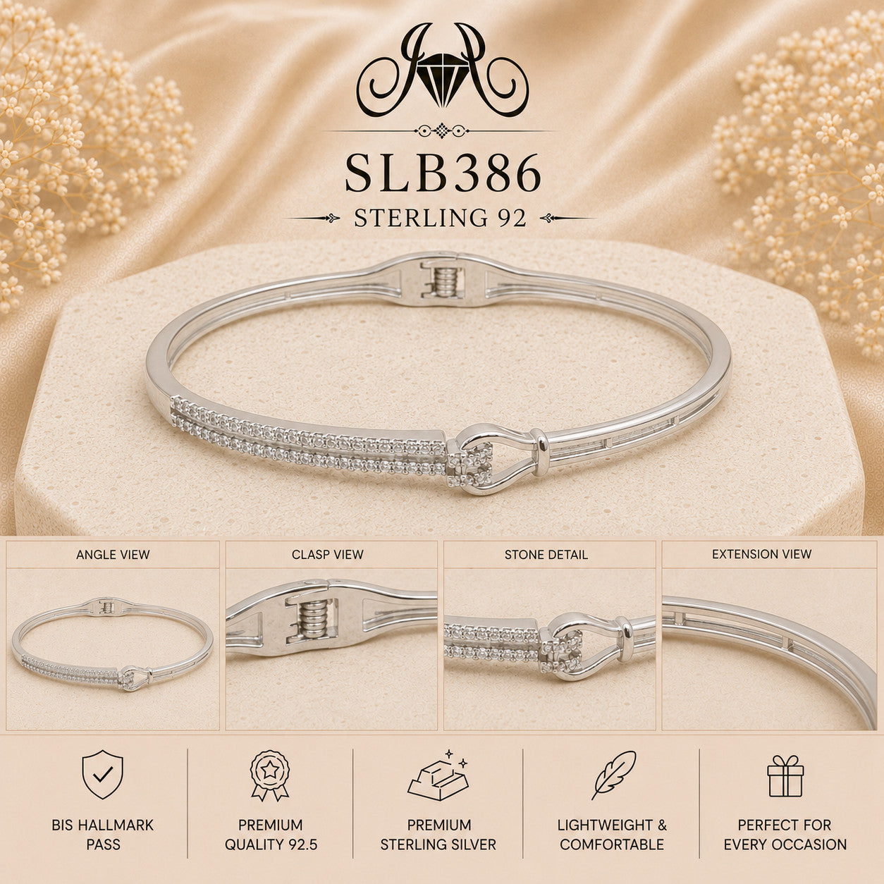 SLB386 sterling silver ladies kada bracelet collage views