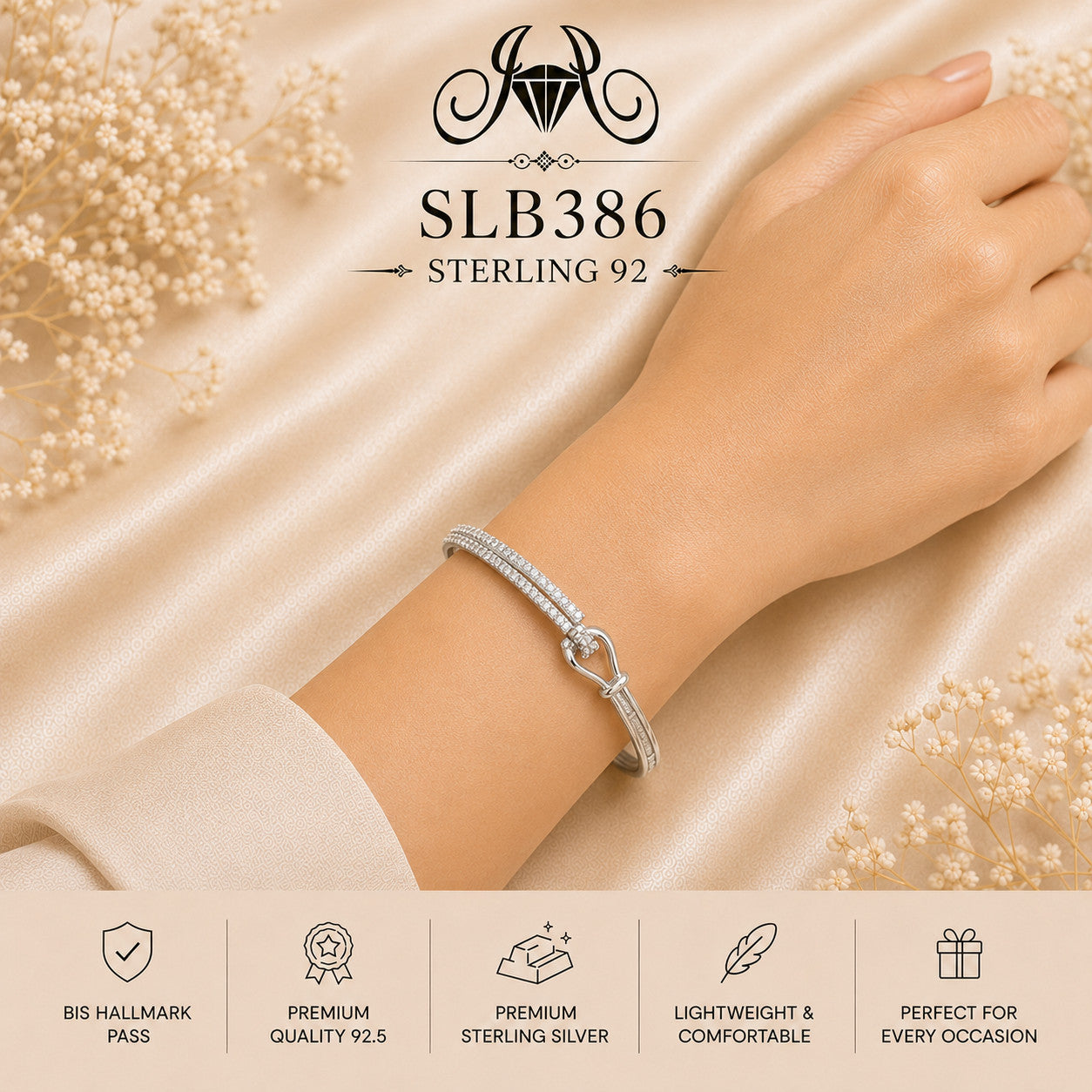 SLB386 sterling silver ladies kada bracelet wearing view