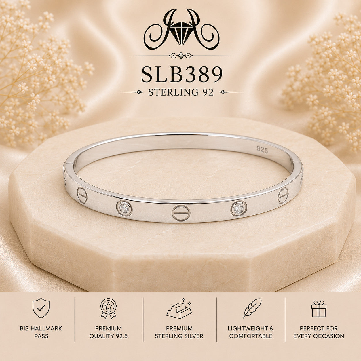 SLB389 sterling silver ladies kada bracelet portrait view