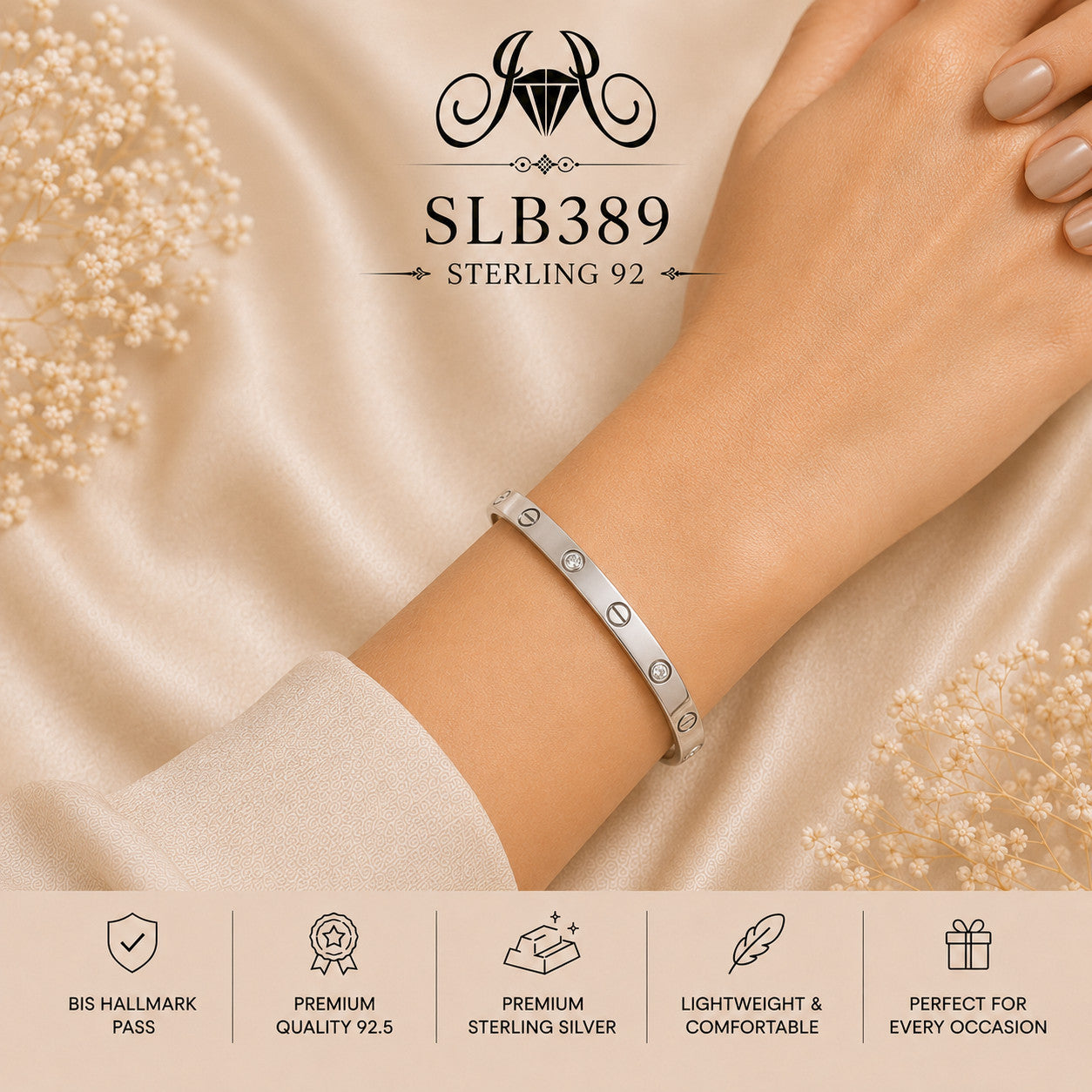 SLB389 sterling silver ladies kada bracelet wearing view