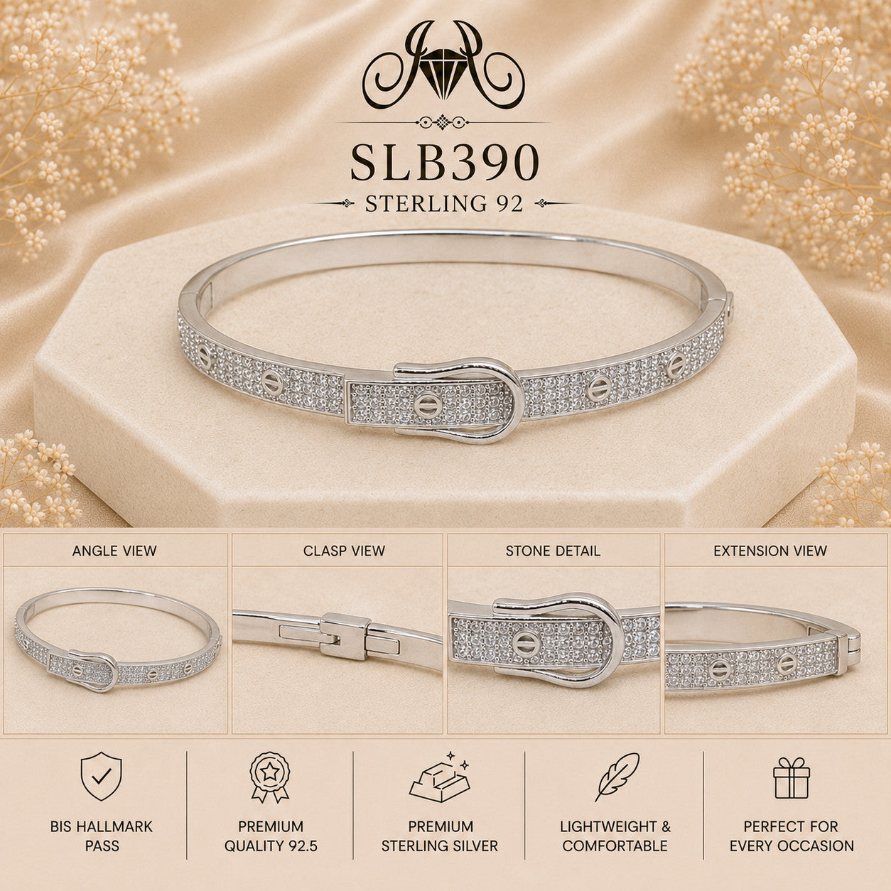 SLB390 sterling silver ladies kada bracelet collage views