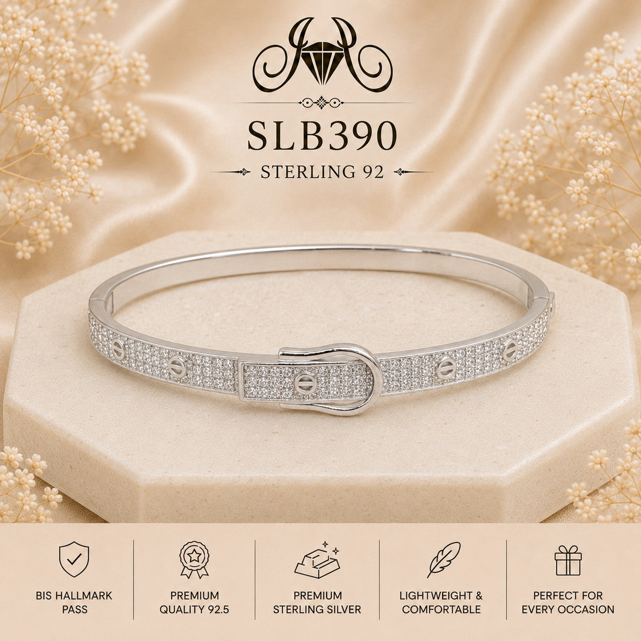 SLB390 sterling silver ladies kada bracelet portrait view