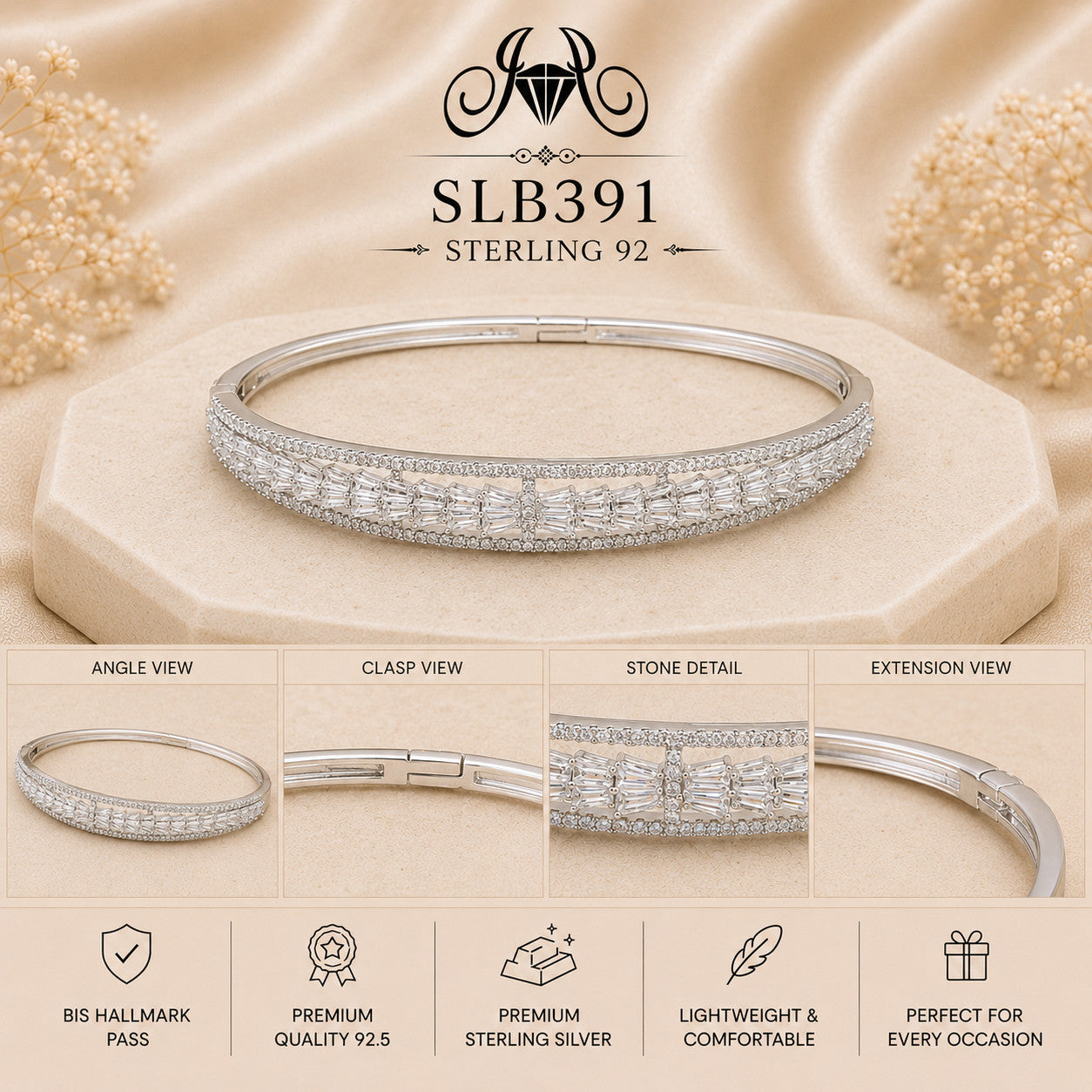 SLB391 sterling silver ladies kada bracelet collage views