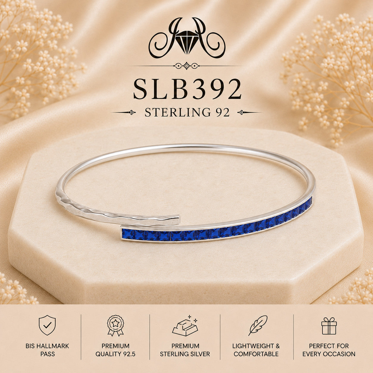 SLB392 sterling silver ladies kada bracelet portrait view