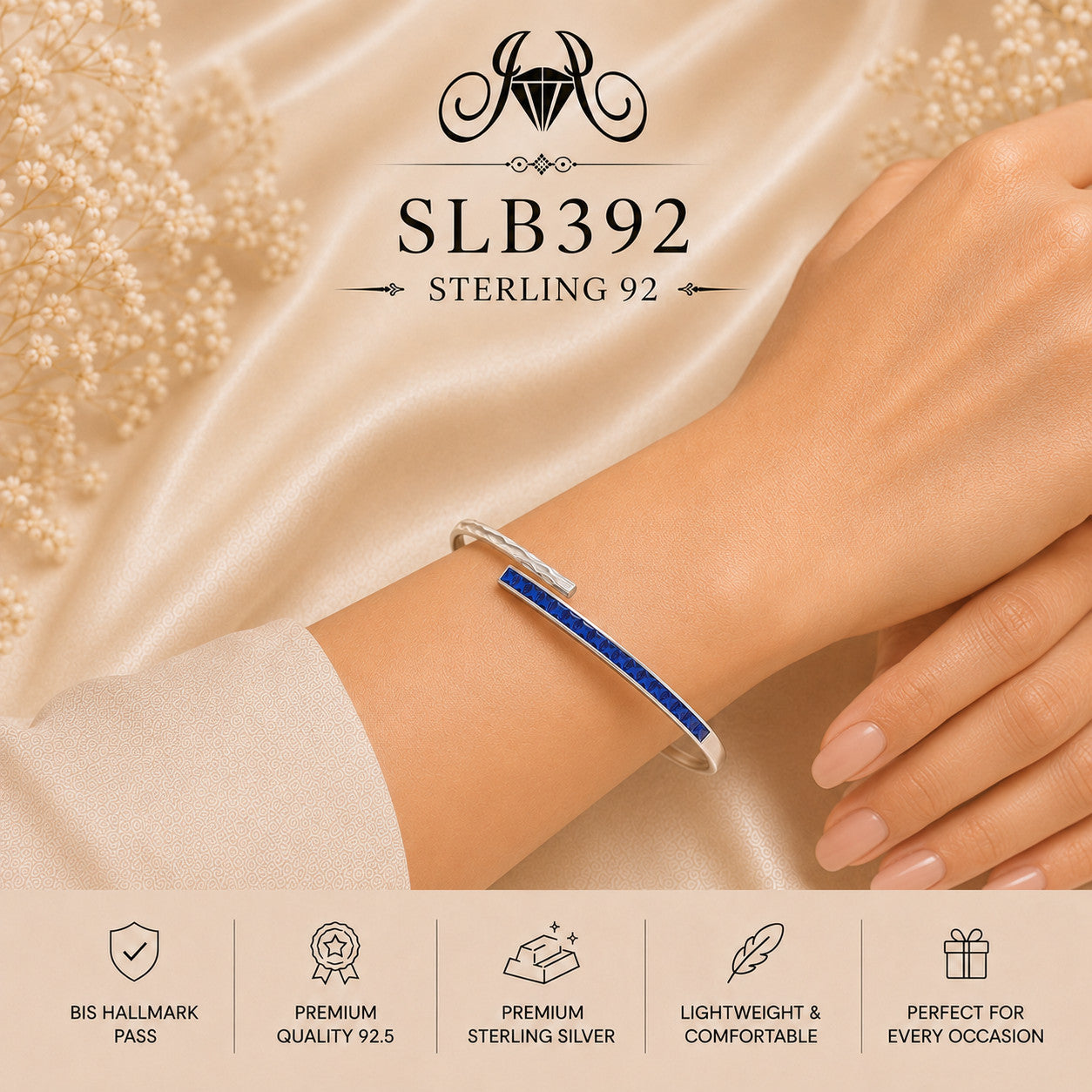 SLB392 sterling silver ladies kada bracelet wearing view
