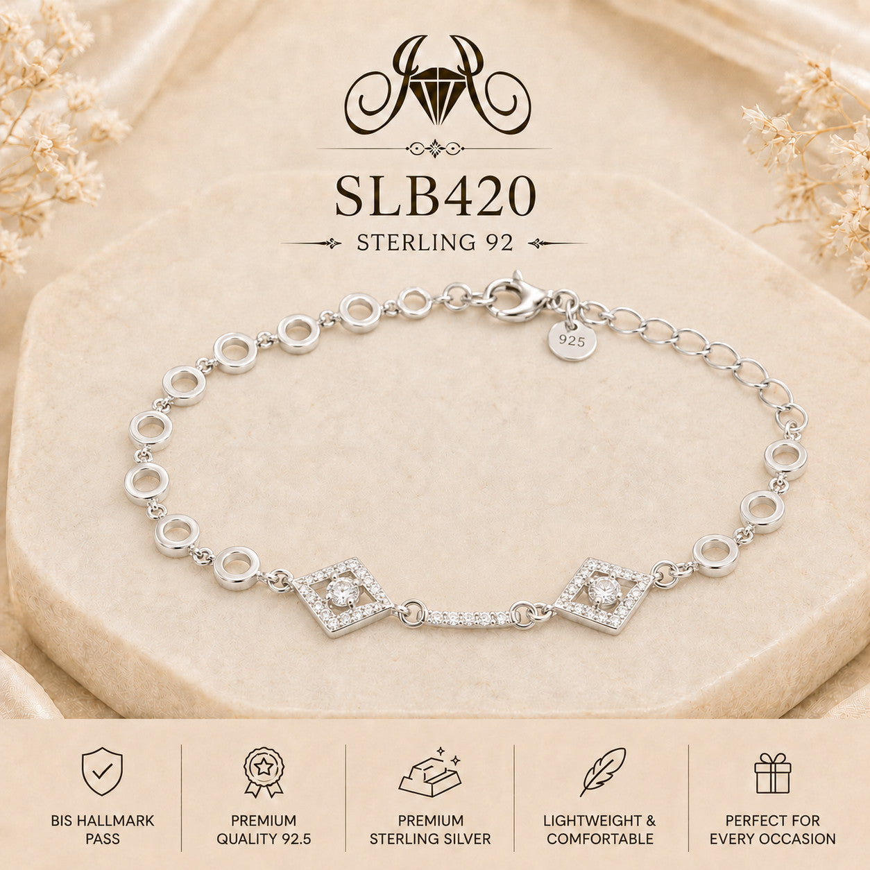 SLB420 92.5 sterling silver ladies chain bracelet portrait
