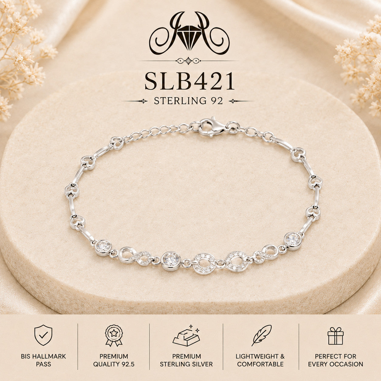 SLB421 92.5 sterling silver ladies chain bracelet portrait