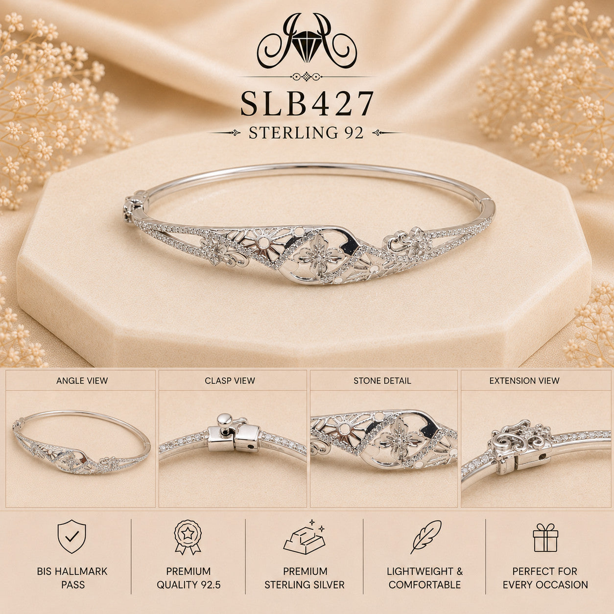 SLB427 sterling silver ladies kada bracelet collage views