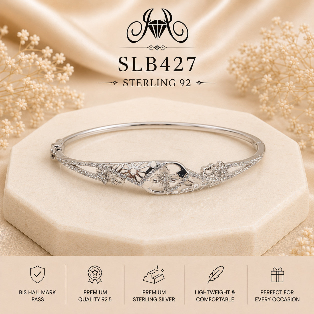 SLB427 sterling silver ladies kada bracelet portrait view