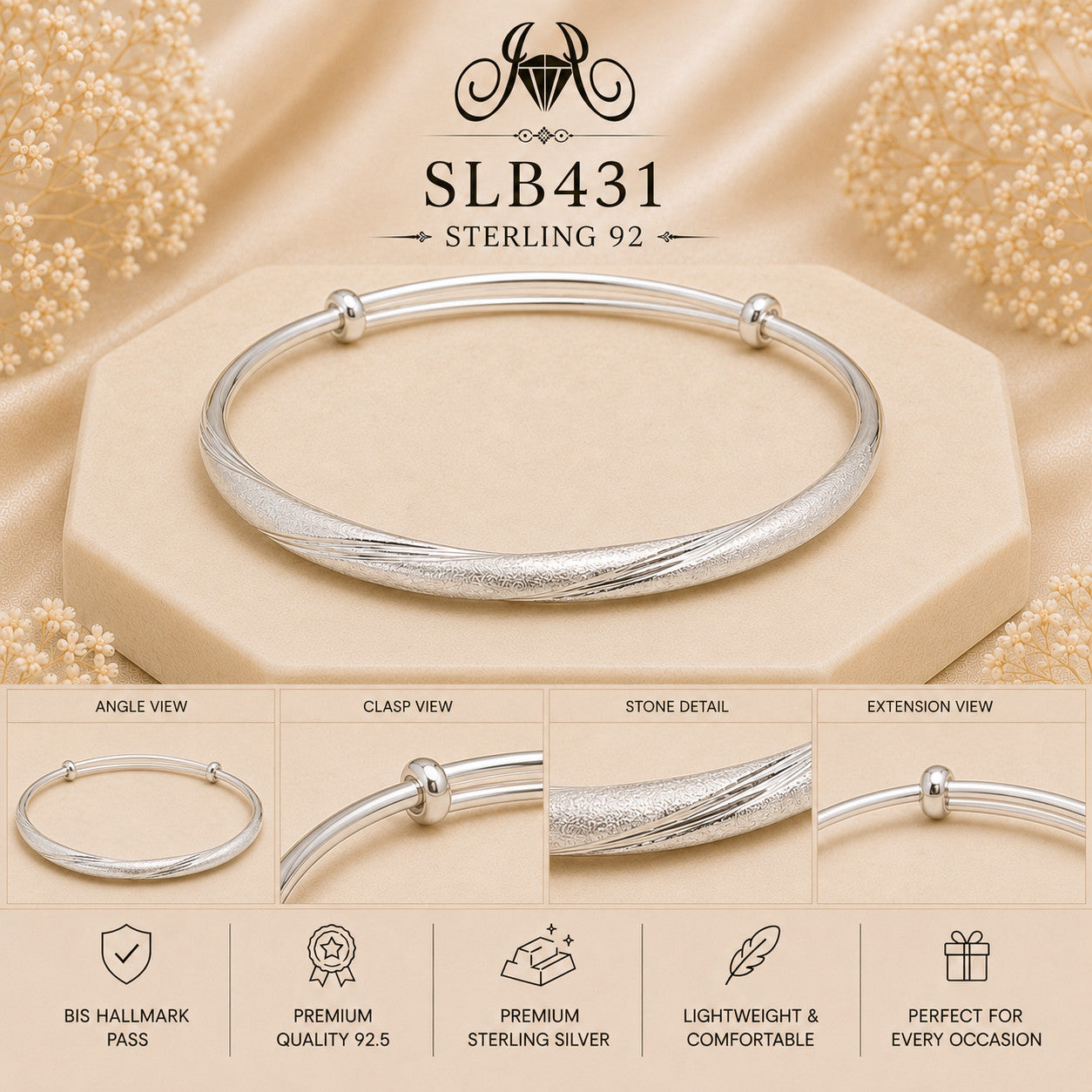 SLB431 sterling silver ladies kada bracelet collage views