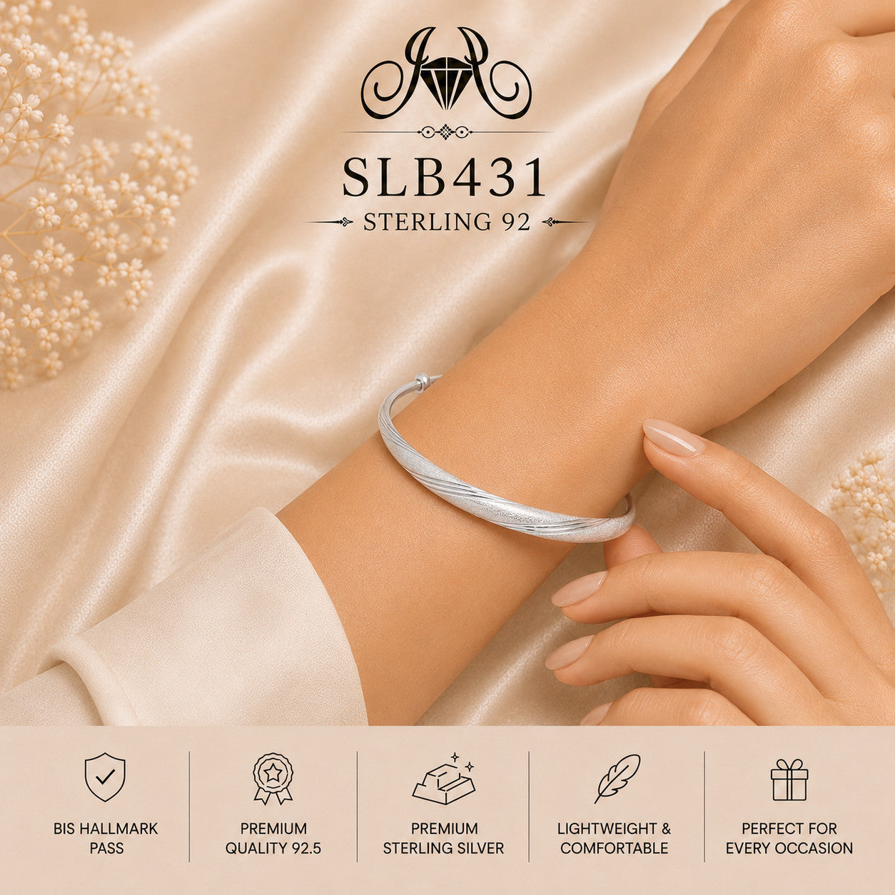 SLB431 sterling silver ladies kada bracelet wearing view