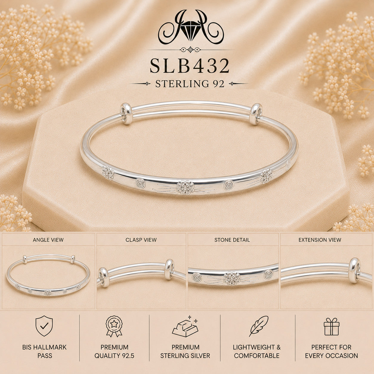 SLB432 sterling silver ladies kada bracelet collage views