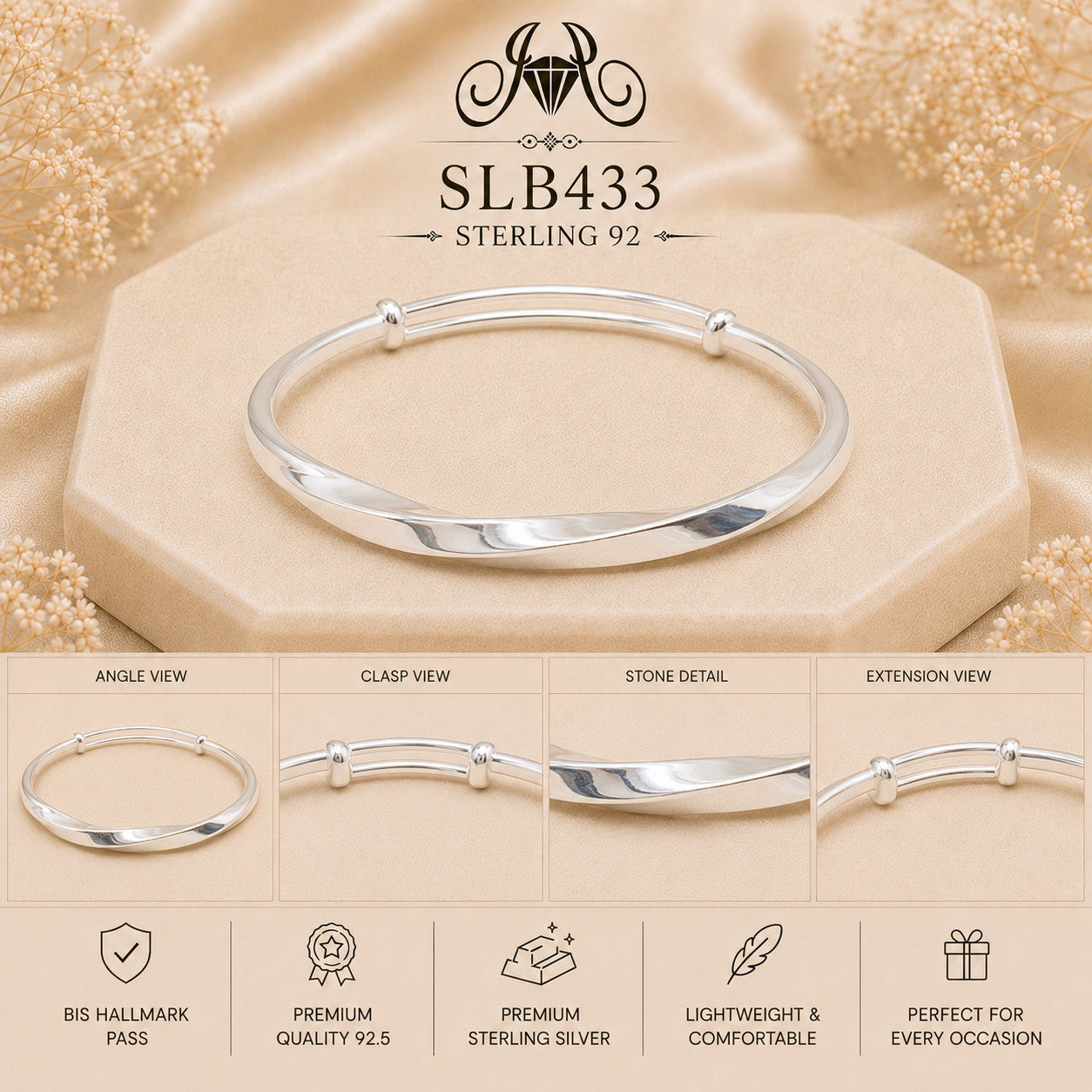SLB433 sterling silver ladies kada bracelet collage views