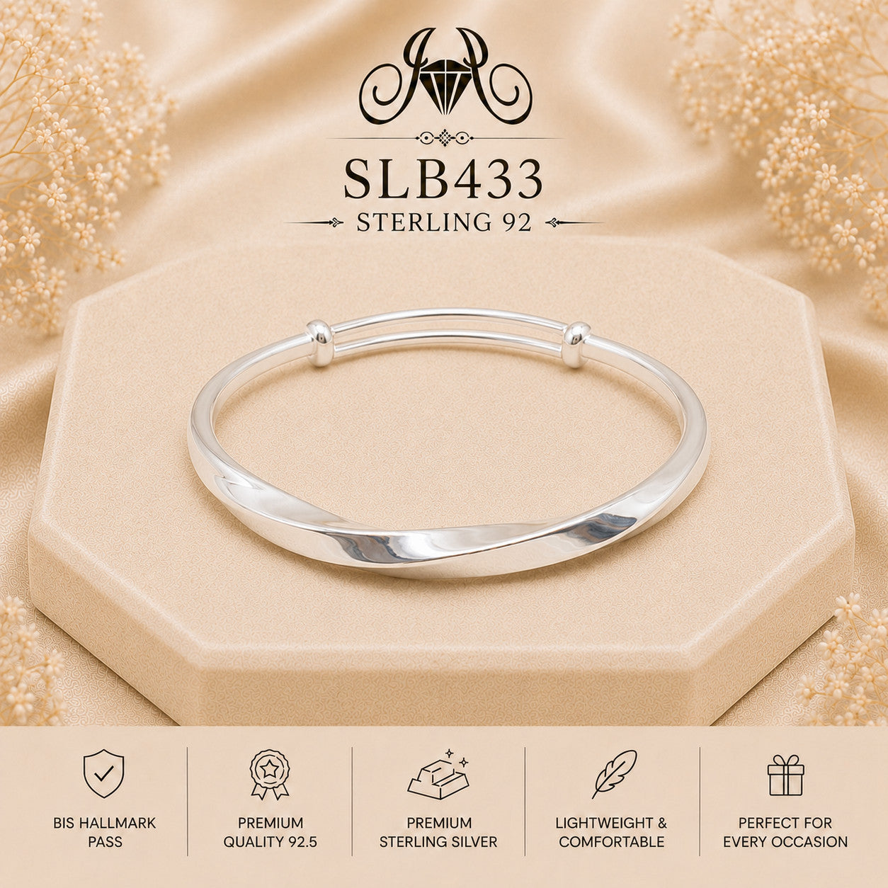 SLB433 sterling silver ladies kada bracelet portrait view