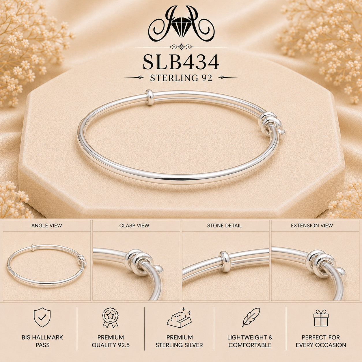 SLB434 sterling silver ladies kada bracelet collage views