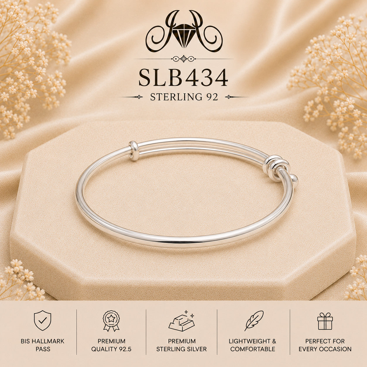 SLB434 sterling silver ladies kada bracelet portrait view