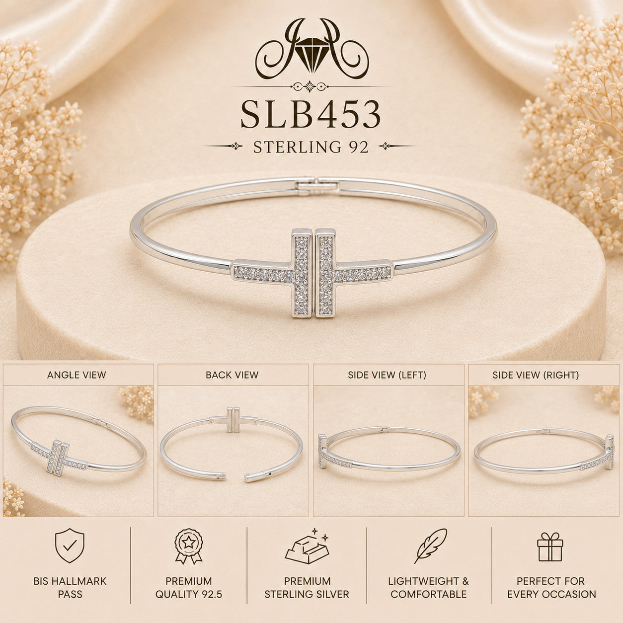 SLB453 sterling silver ladies kada bracelet collage views