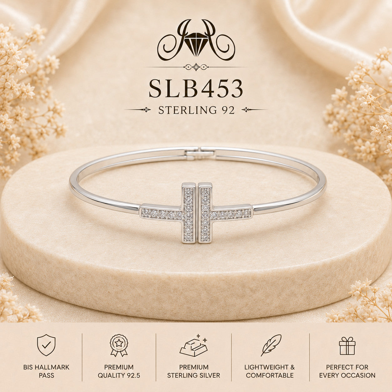 SLB453 sterling silver ladies kada bracelet portrait view