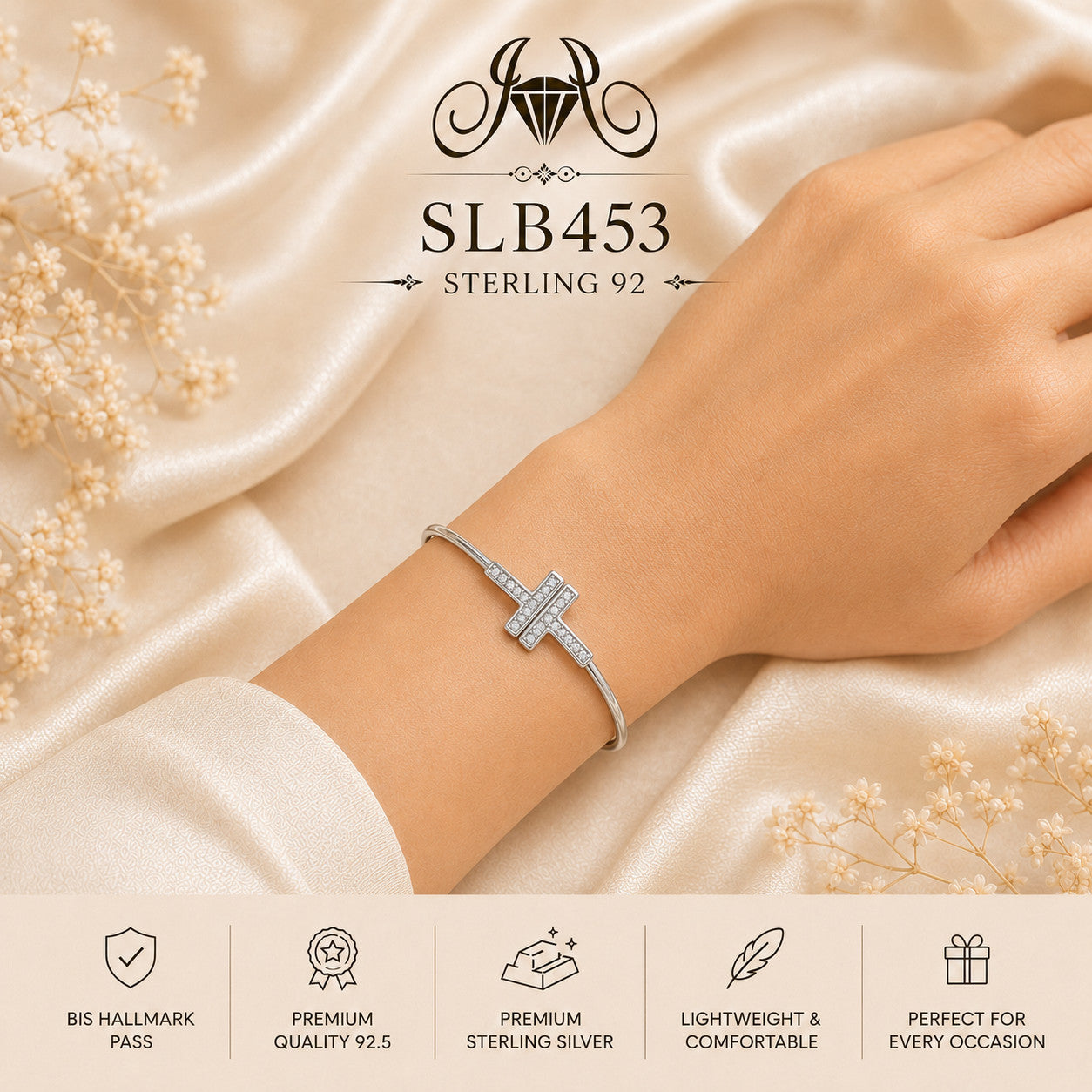 SLB453 sterling silver ladies kada bracelet wearing view