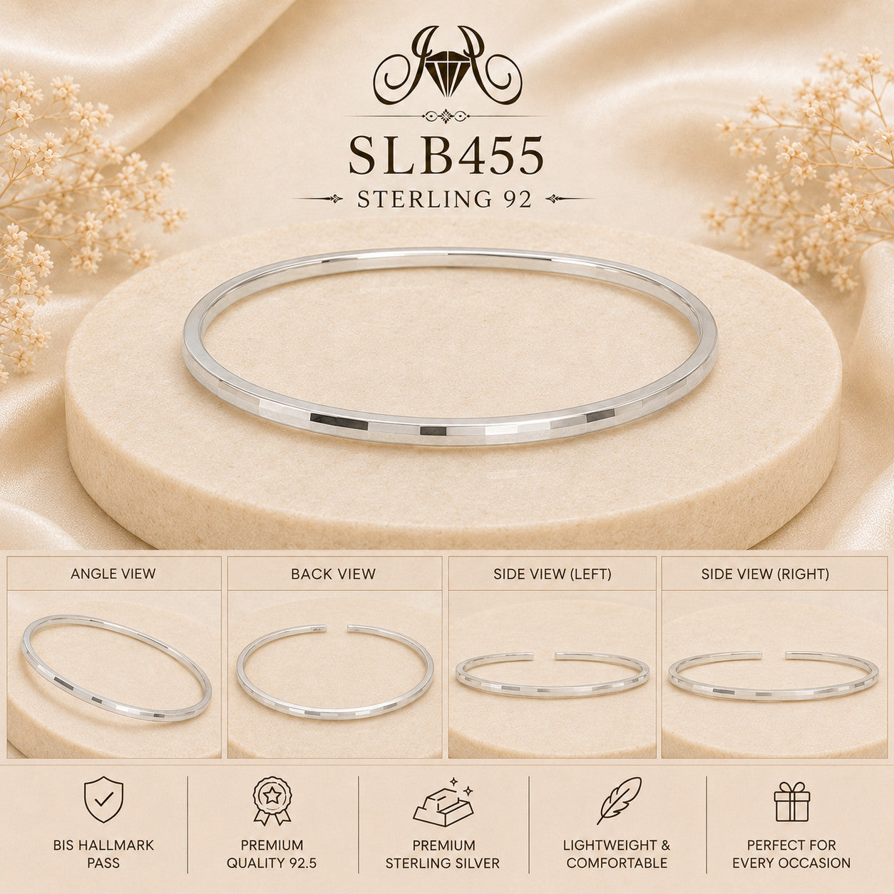 SLB455 sterling silver ladies kada bracelet collage views
