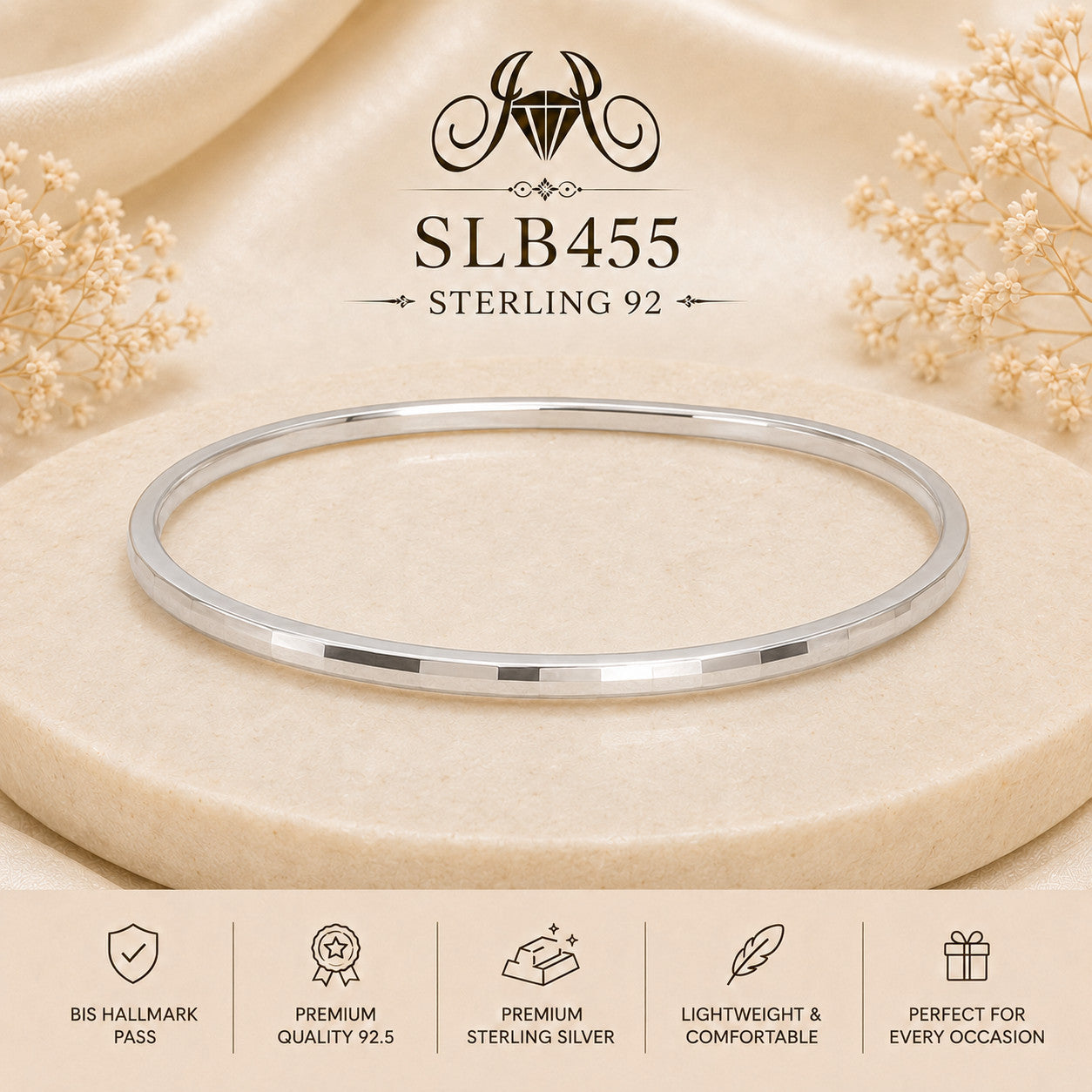 SLB455 sterling silver ladies kada bracelet portrait view
